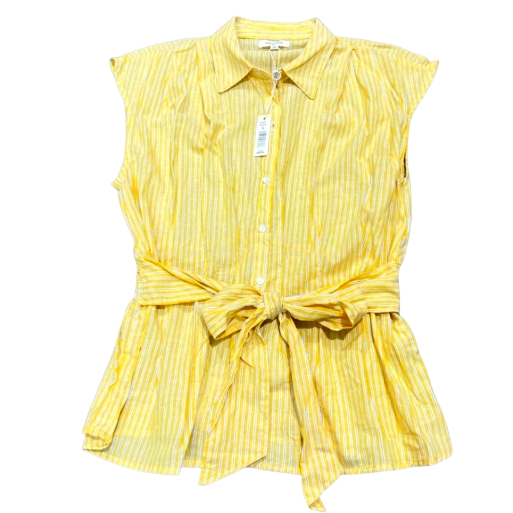 Max Studio womens Cap Sleeve Button Front Tie Collar Shirt